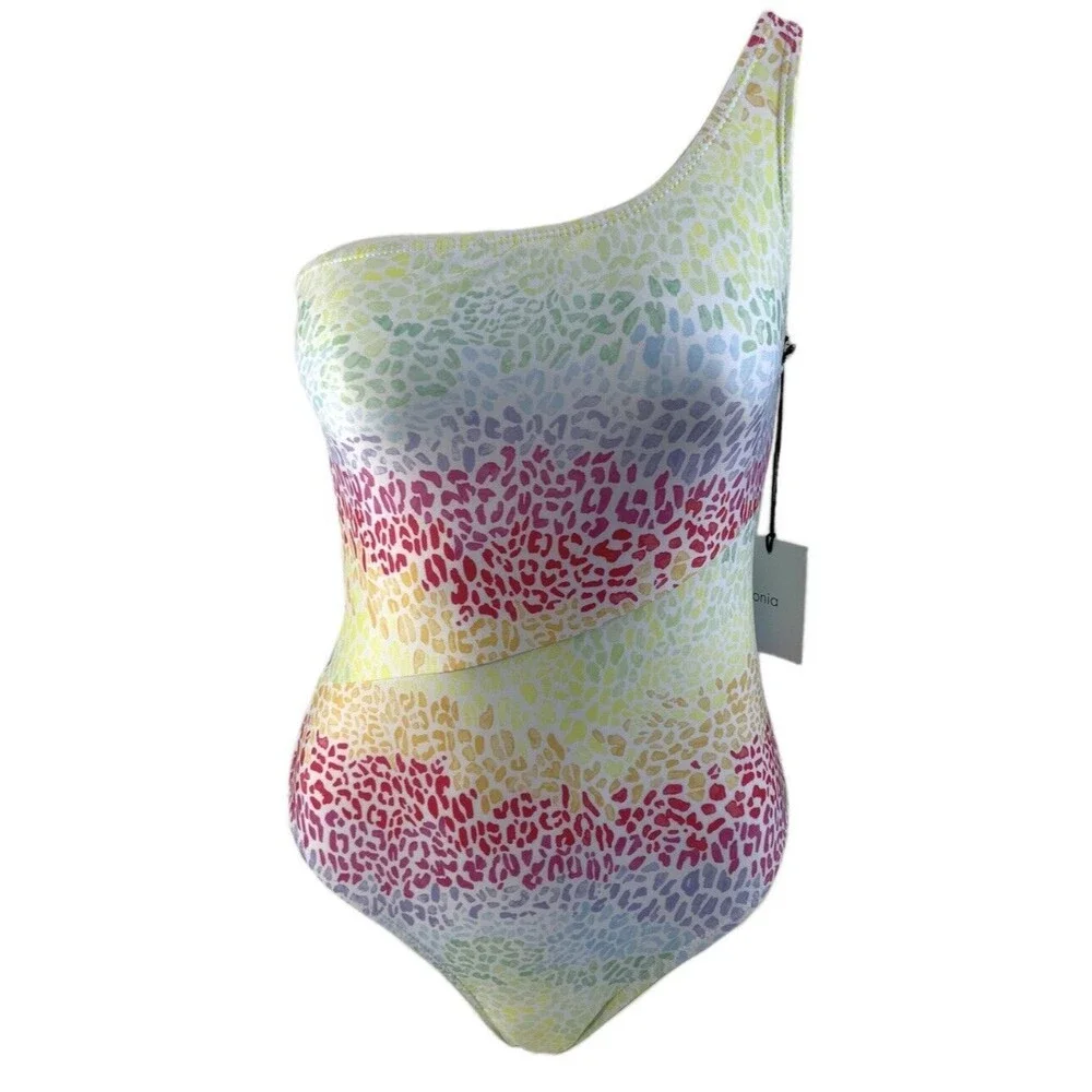 Onia Animal Print One Shoulder Swim Suit Pastel L
